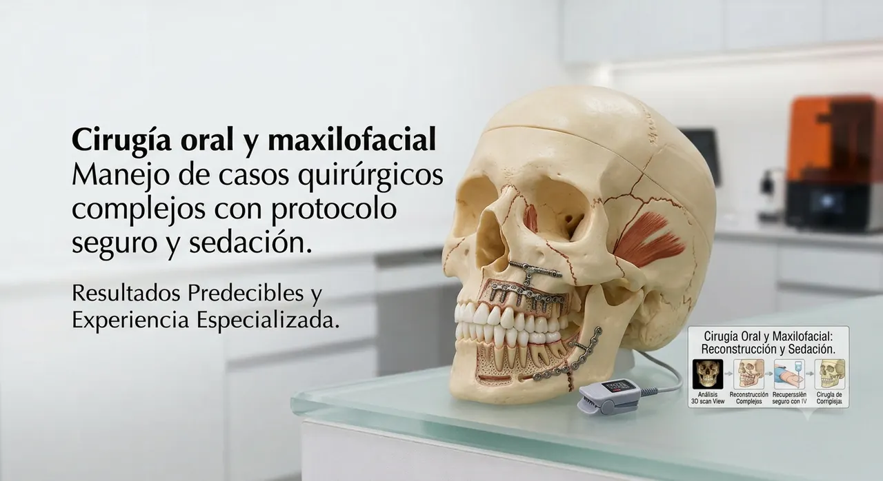 Cirugía oral y maxilofacial: Manejo de casos quirúrgicos complejos con protocolo seguro y sedación.